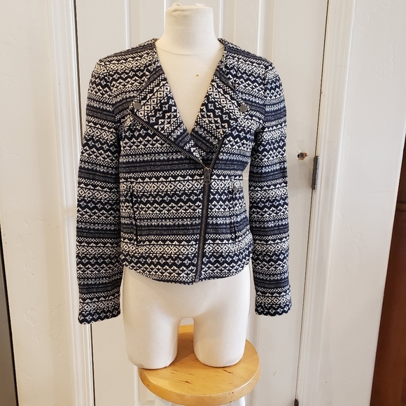 Joie Aztec Print Navy & White Jacquard Moto Jacket - Picture 1 of 9